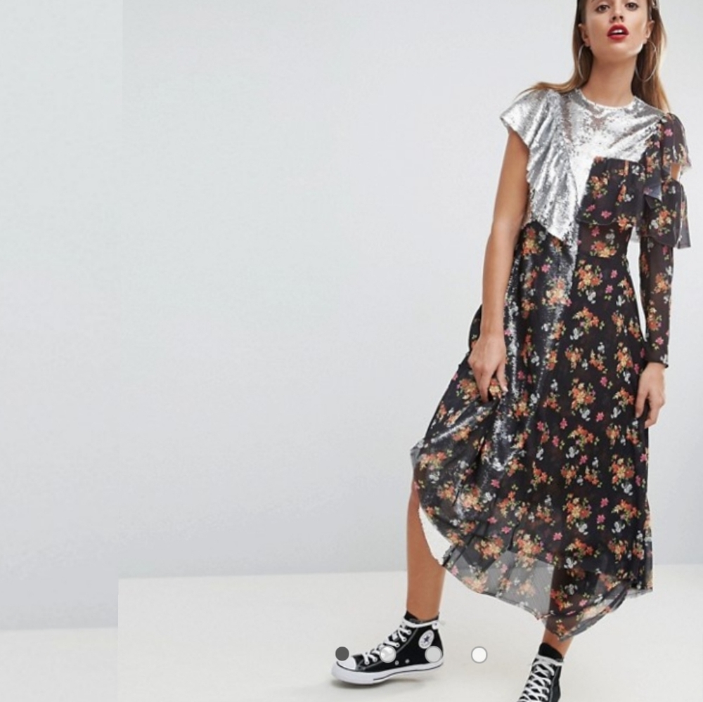 Asos silver sequin floral asymmetrical dress sz6